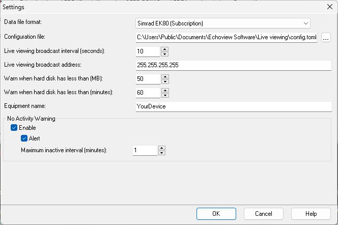 Echolog settings dialog Echoview